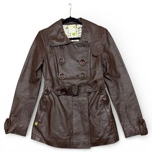Soia Kyo Leather Double Breasted Belted Trench Coat Womens M Brown Vintage Style
